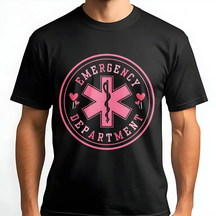 Emergency Department T-Shirt | Pink Heart Medical Symbol Print | Premium Soft Cotton Tee | Valentine Gift for ER Nurse, Doctor, or EMT