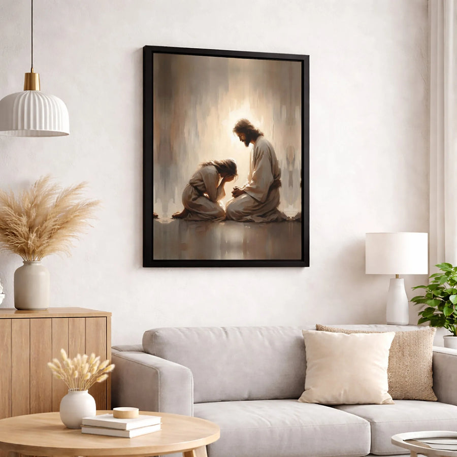 Jesus Comforting Kneeling Woman Canvas Print | Faith-Based Spiritual Wall Art | Premium Fade-Resistant Gallery Wrap | Religious Gift for Home Decor
