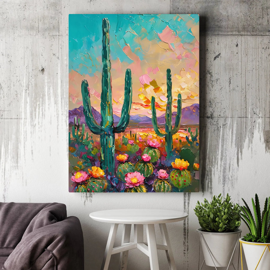 Desert Cactus Canvas Print | Impasto Sunset Landscape Wall Art | Gallery Quality 1.25" Thick | Southwestern Home Decor Gift