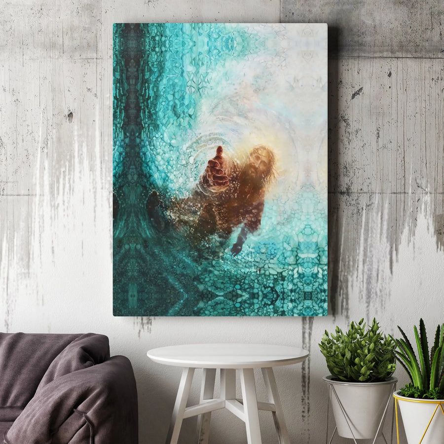 Jesus Reaching Hand Canvas Print | Spiritual Water Rescue Wall Art | Premium Gallery-Wrapped Decor | Christian Religious Gift for Home