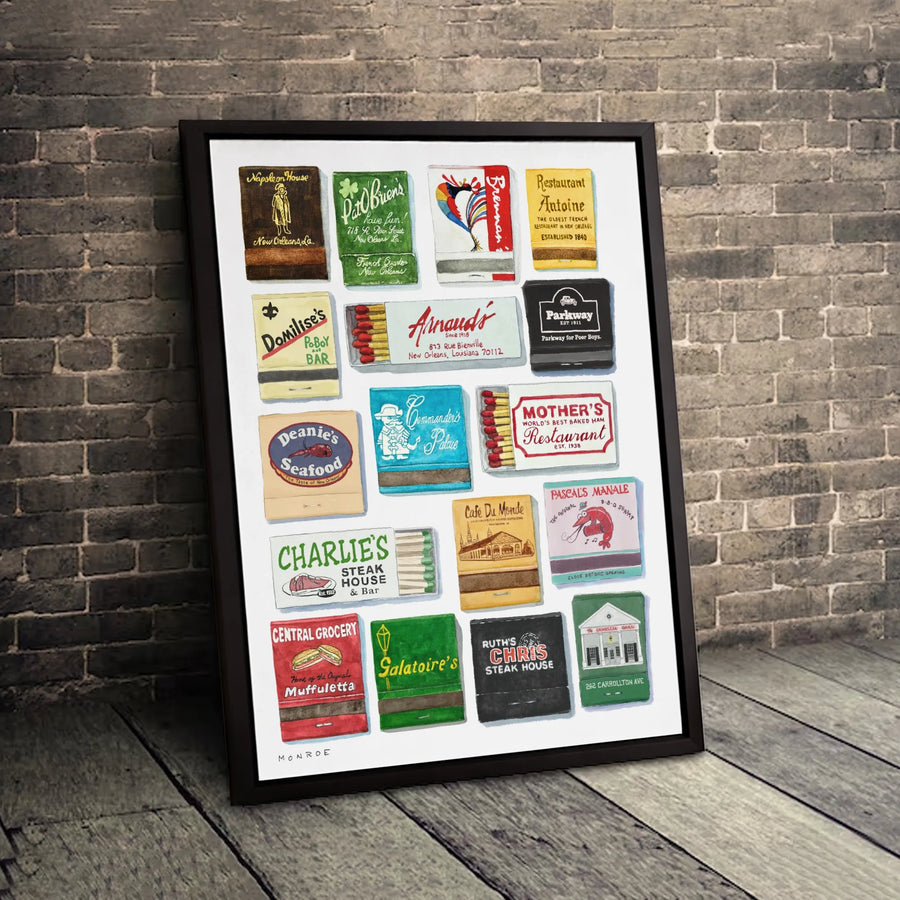 New Orleans Restaurant Matchbooks Canvas Wall Art | Vintage NOLA Foodie Poster | Gallery Wrapped Premium Print | Unique Kitchen Dining Decor Gift
