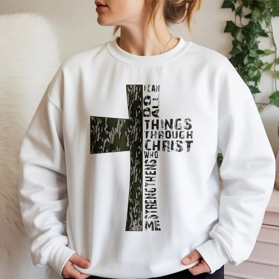 I Can Do All Things Through Christ Sweatshirt | Camo Cross Bible Verse Design | Premium Cotton Blend Pullover | Inspirational Religious Gift for Believers