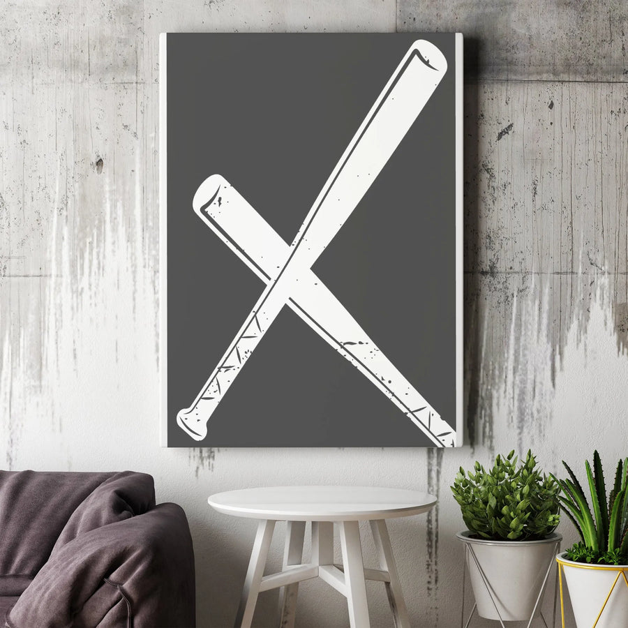 Crossed Baseball Bats Canvas Wall Art | Minimalist Distressed Graphic | Premium Thick Canvas Print | Man Cave Sports Decor Gift for Baseball Fan