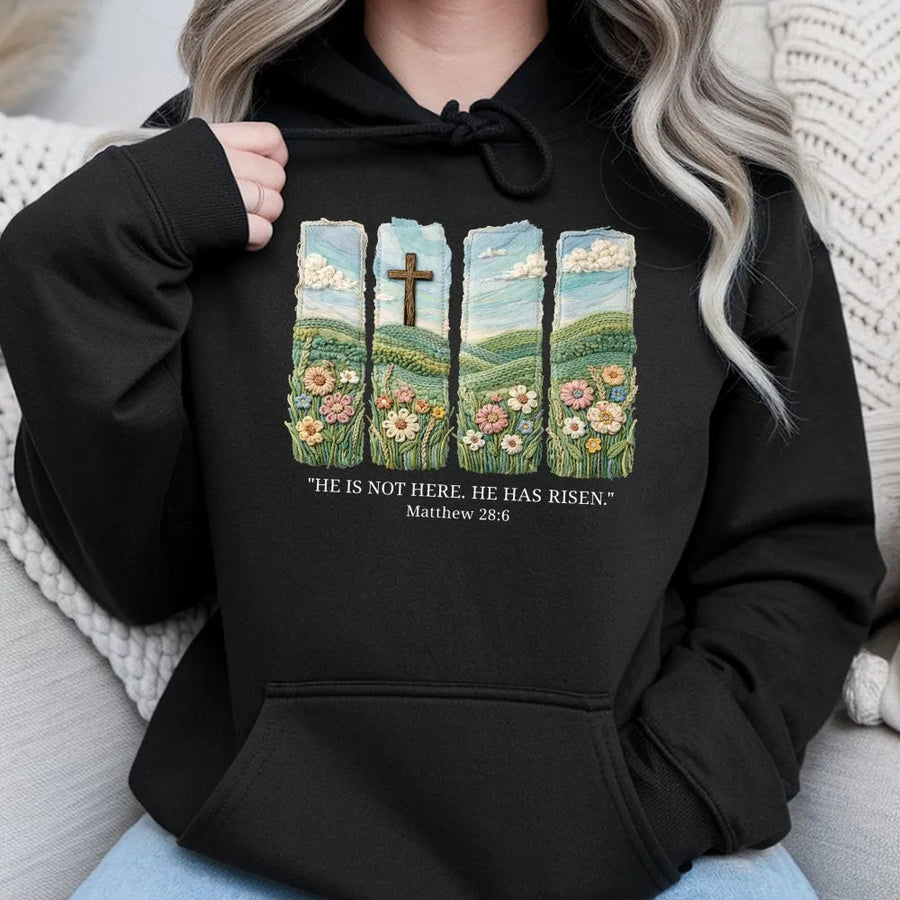 He Is Risen Hoodie | Floral Cross Resurrection Christian Graphic | Soft Cotton-Blend Premium Apparel | Easter Faith Gift For Men Women