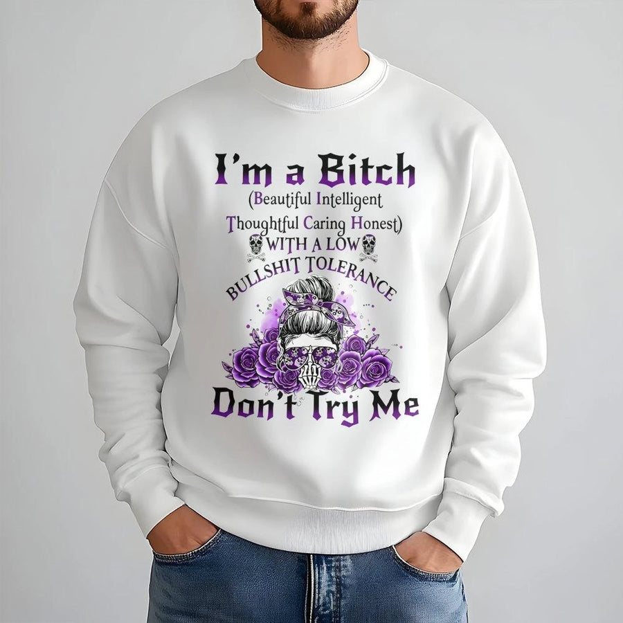 Funny Sarcastic Skull Sweatshirt | Floral Messy Bun Girl Design | Premium Cotton Blend Crewneck | Empowered Women Gift Birthday Apparel