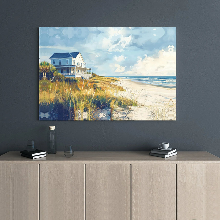 Coastal Beach House Canvas Print | Modern Seaside Cottage Wall Art | Premium 1.25-Inch Gallery Wrap | Serene Ocean Decor for Home or Office
