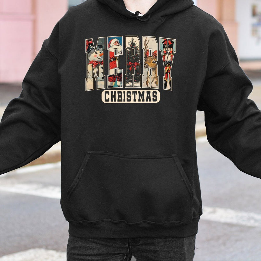 Merry Christmas Hoodie | Retro Vintage Holiday Characters Design | Premium Cotton-Poly Blend | Festive Unisex Gift for Christmas Lovers