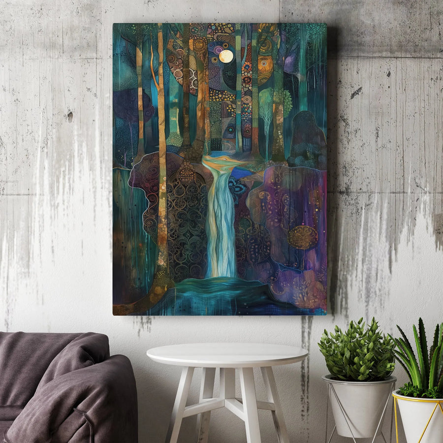 Abstract Forest Canvas Print | Art Nouveau Style Moonlight Waterfall | Thick Gallery Wrap Canvas | Premium Boho Living Room Wall Decor Gift