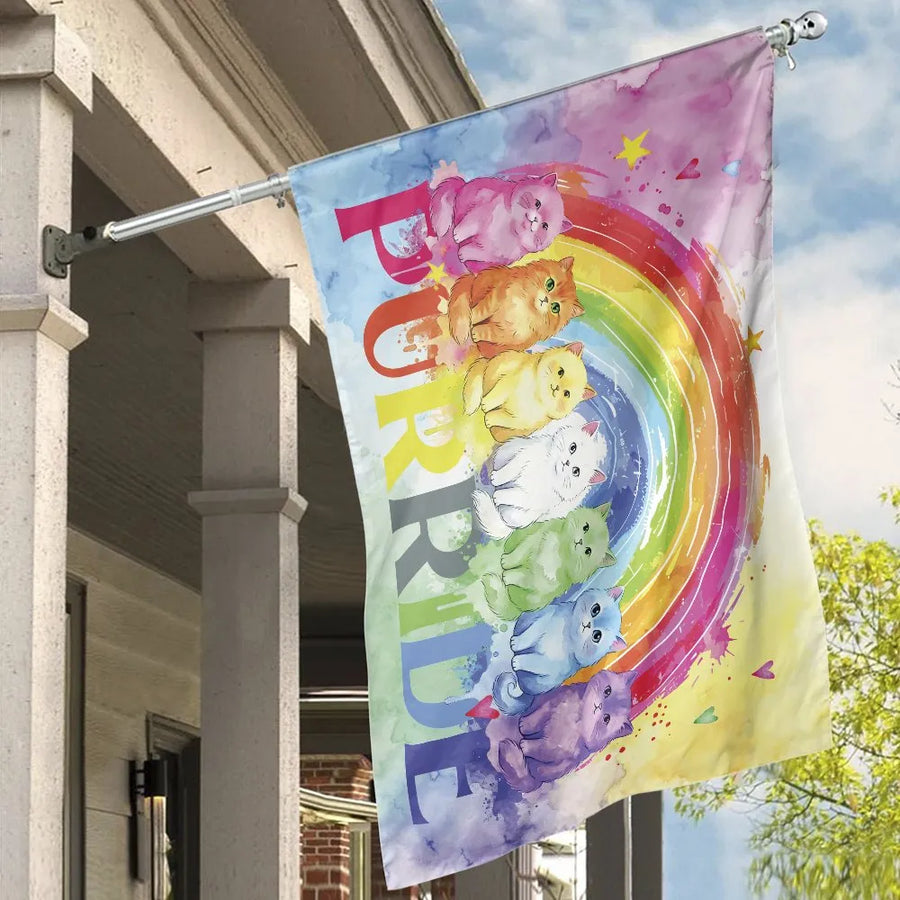 Purride Cat House Flag | Watercolor Rainbow Kittens Design | Weather Resistant Polyester | LGBTQ Pride Month Decor Gift for Cat Lover