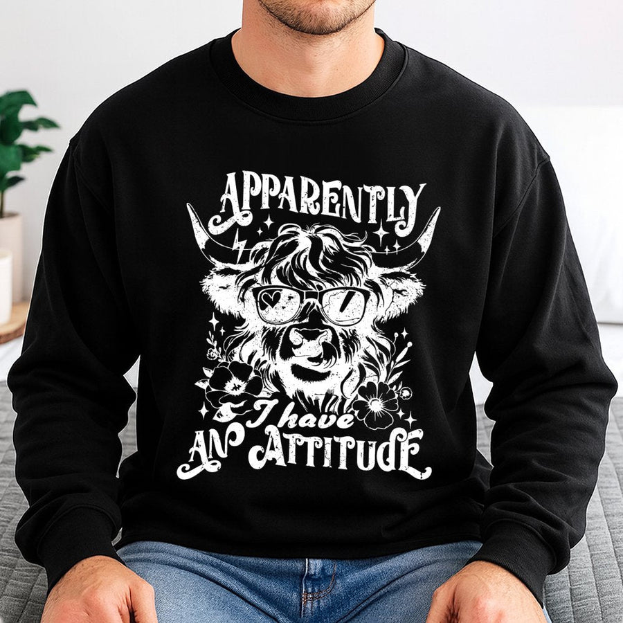 Highland Cow Sweatshirt | Apparently I Have An Attitude Graphic | Premium Cotton Blend | Funny Farm Animal Gift For Women And Cow Lovers