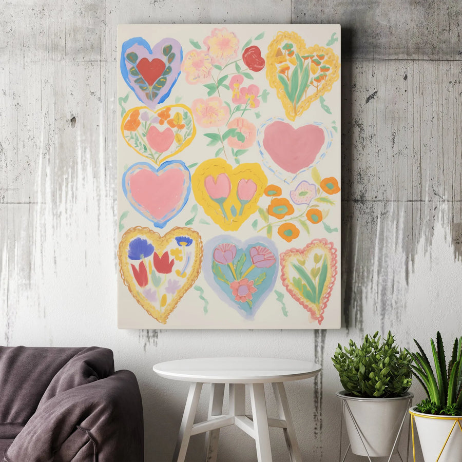 Whimsical Floral Heart Canvas Art | Colorful Pastel Botanical Wall Decor | Premium Gallery Wrap Print | Romantic Gift For Her Home