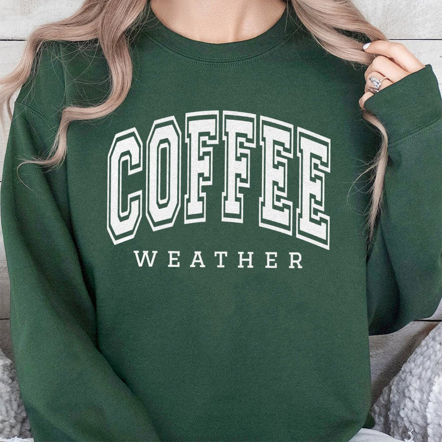 Coffee Weather Sweatshirt | Collegiate Varsity Font Graphic | Soft Cotton Blend Fleece | Gift for Coffee Lovers & Fall Aesthetic