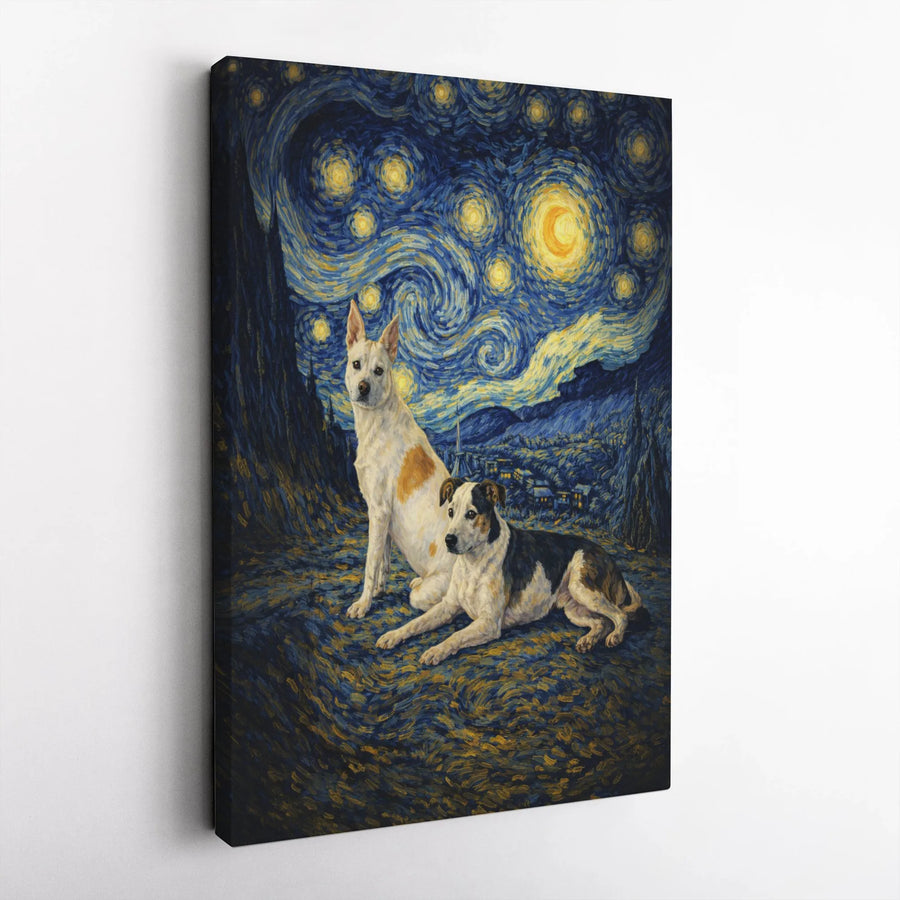 Starry Night Dogs Canvas Wall Art | Impressionist Pet Portrait Print | Premium Gallery Wrapped Canvas | Gift for Dog Lovers & Art Fans