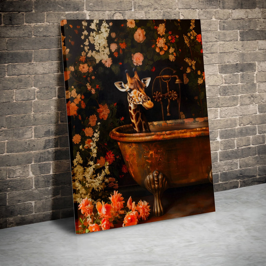 Giraffe In Bathtub Wall Art | Floral Moody Bathroom Decor | Premium Gallery Wrap Canvas | Unique Animal Lover Gift