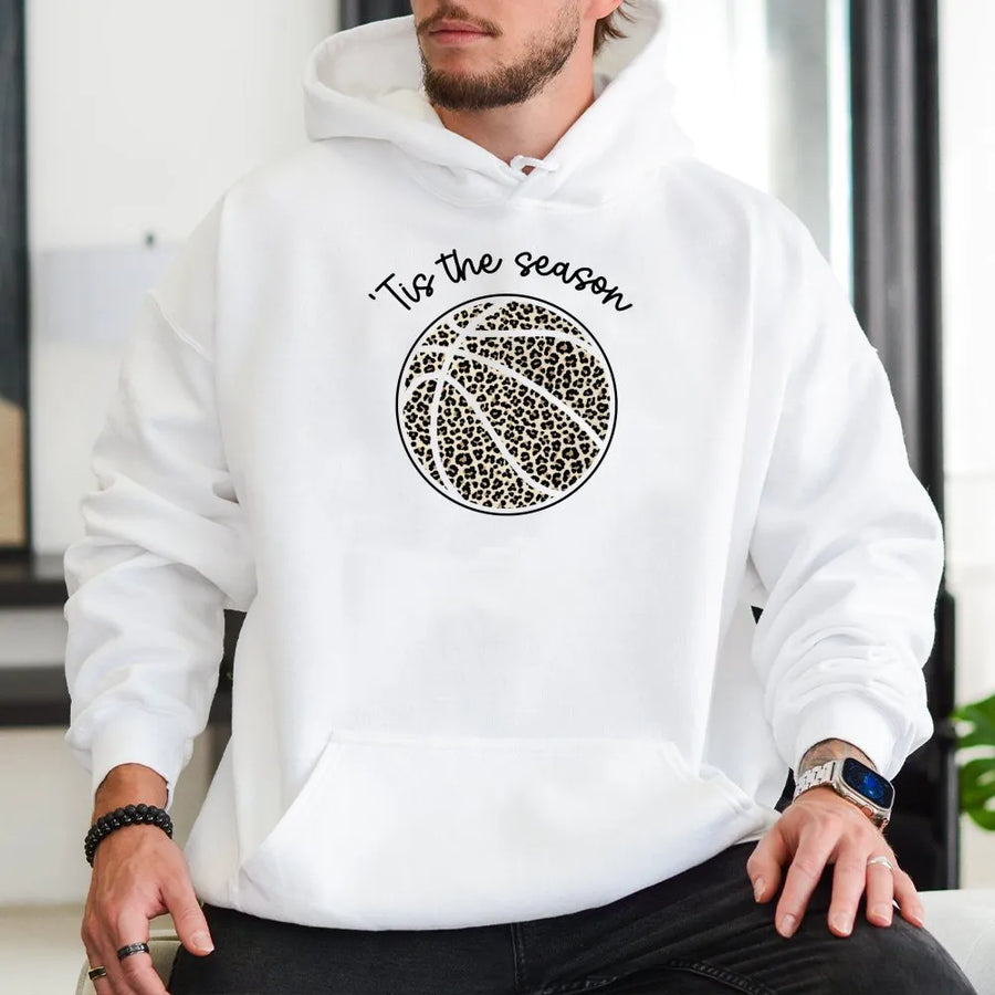 Leopard Print Basketball Hoodie | 'Tis The Season Graphic | Premium Cotton Blend | Gift For Sports Mom and Basketball Fan