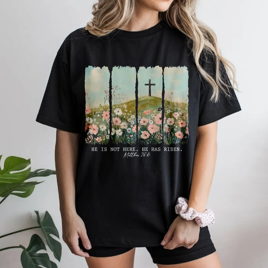 He Is Risen Christian T-Shirt | Easter Wildflower Cross Design | Premium 100% Cotton Tee | Religious Gift for Women and Men