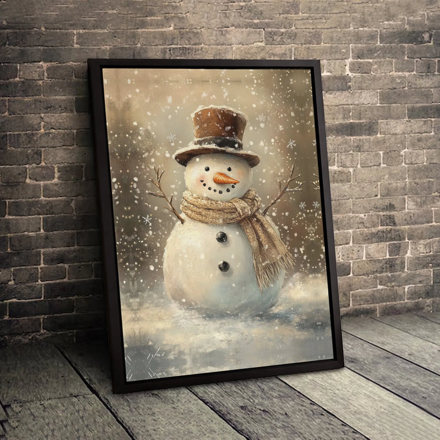 Vintage Snowman Wall Art | Winter Holiday Painting with Top Hat | Premium 1.25" Gallery Canvas | Festive Christmas Home Decor