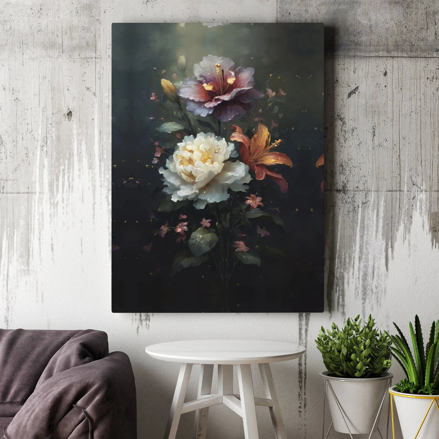 Dark Floral Canvas Print | Vintage Peony & Lily Painting | Premium Gallery Wrapped Canvas | Moody Botanical Home Decor Gift