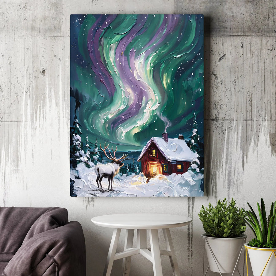 Aurora Borealis Canvas Wall Art | Snowy Reindeer & Log Cabin Impasto Print | Gallery Wrap Premium Decor | Winter Wonderland Gift for Nature Lovers