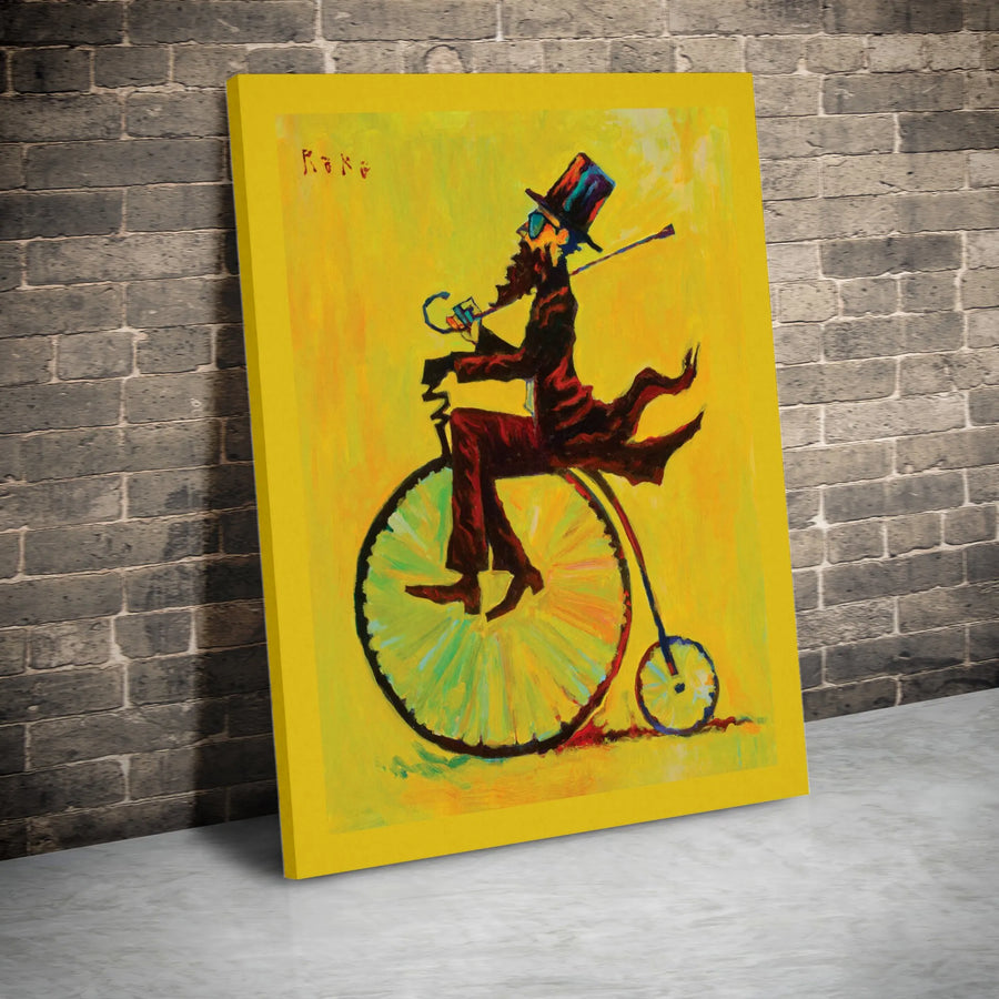 Penny Farthing Bicycle Wall Art | Whimsical Victorian Gentleman Portrait | Gallery Quality Canvas Print | Unique Office Decor Gift