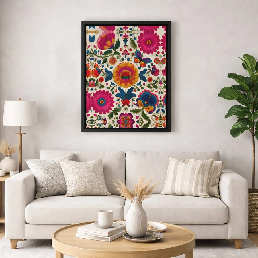 Mexican Otomi Wall Art | Folkloric Floral Embroidery Design | Premium 1.25" Gallery Wrapped Canvas | Vibrant Home Decor Gift for Boho Lovers