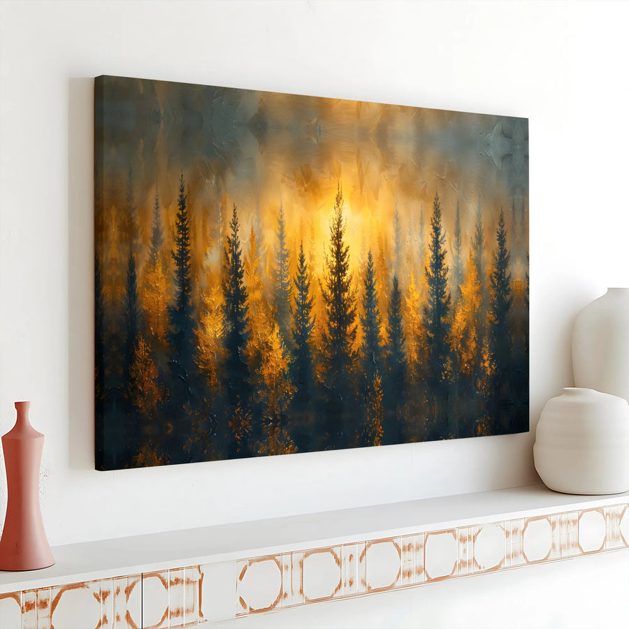 Golden Forest Sunset Canvas Wall Art | Impressionist Pine Tree Landscape | 1.25-Inch Gallery Wrap Print | Nature-Inspired Home Decor