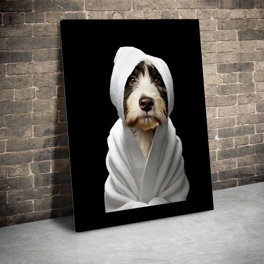 Bearded Collie Dog Canvas Art | Funny Bathrobe Portrait | Premium Gallery Wrap | Bathroom Wall Decor Gift for Dog Lovers