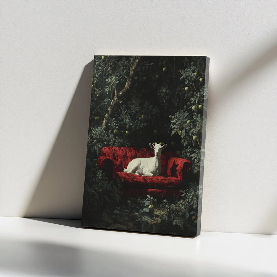 Surreal Goat Canvas Wall Art | Vintage Painting Style on Red Velvet Couch | Premium Thick Gallery Canvas | Unique Gift for Eclectic Home Decor