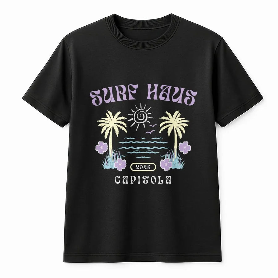 Surf Haus Capitola T-Shirt | Tropical Palm Tree Beach Graphic | Premium Cotton Unisex Tee | Retro 2025 Summer Vacation Gift for Surfers