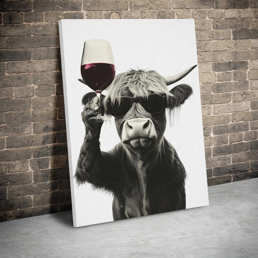 Highland Cow Wall Art | Funny Animal Drinking Wine with Sunglasses | Premium Canvas Print | Farmhouse Decor for Kitchen or Home Bar