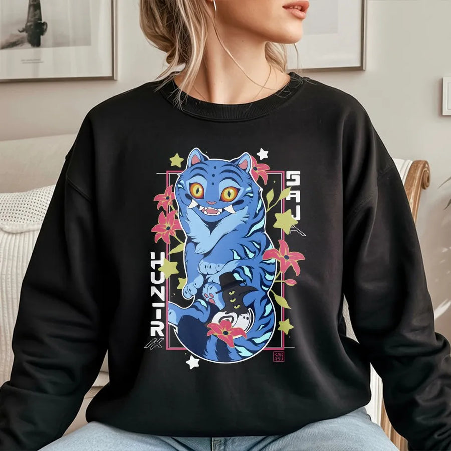 Anime Tiger Sweatshirt | Blue Demon Cat Graphic Design | Premium Cotton Blend | Aesthetic Kpop Streetwear Gift for Fans