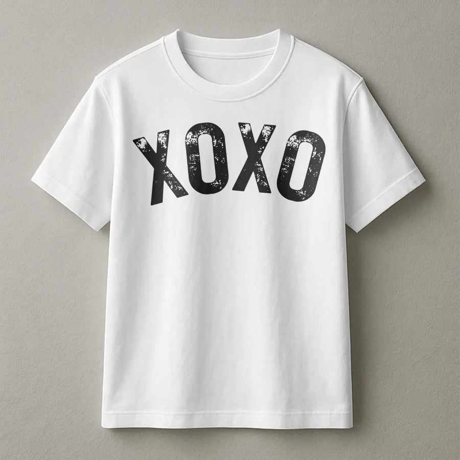 XOXO Valentine T-Shirt | Distressed Typography Graphic Tee | Premium Soft Cotton | Romantic Gift for Her or Galentine’s Day Party