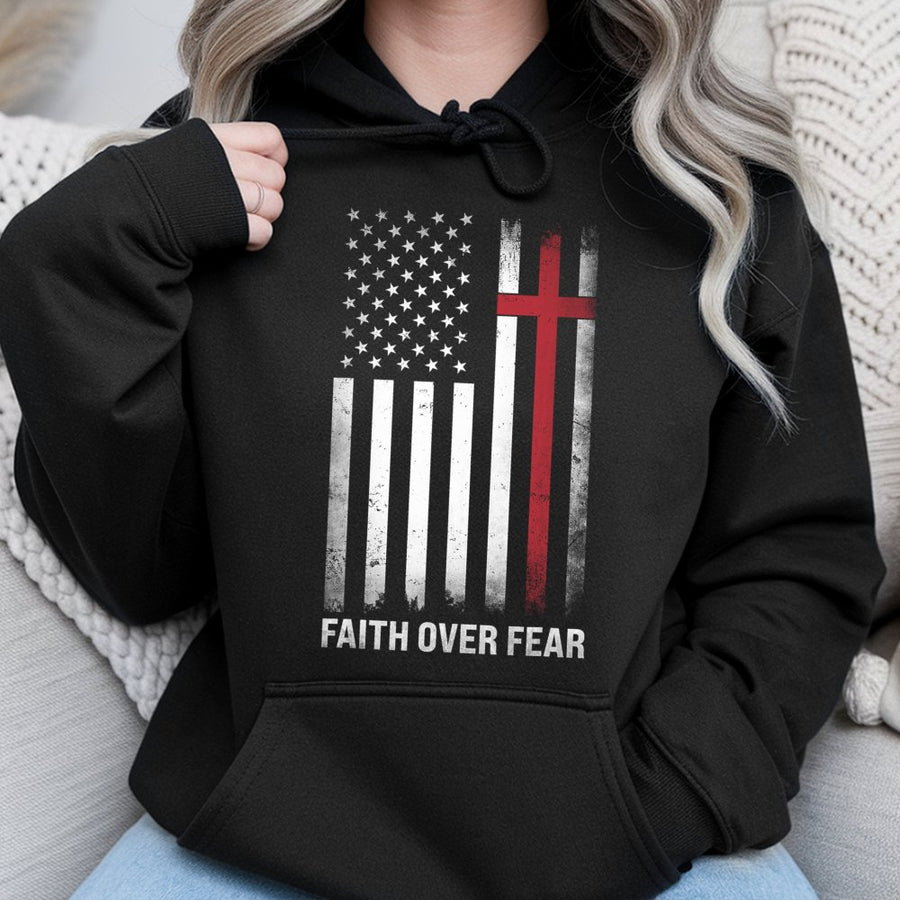 Faith Over Fear Hoodie | American Flag Cross Graphic | Premium Cotton Blend | Christian Patriotic Gift for Men and Women