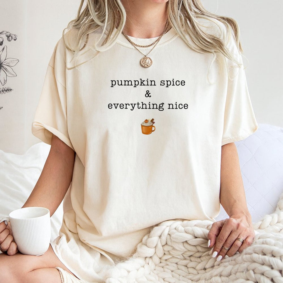 Pumpkin Spice and Everything Nice T-Shirt | Autumn Coffee Lover Graphic Tee | 100% Cotton Premium Quality | Fall Season Gift for Women