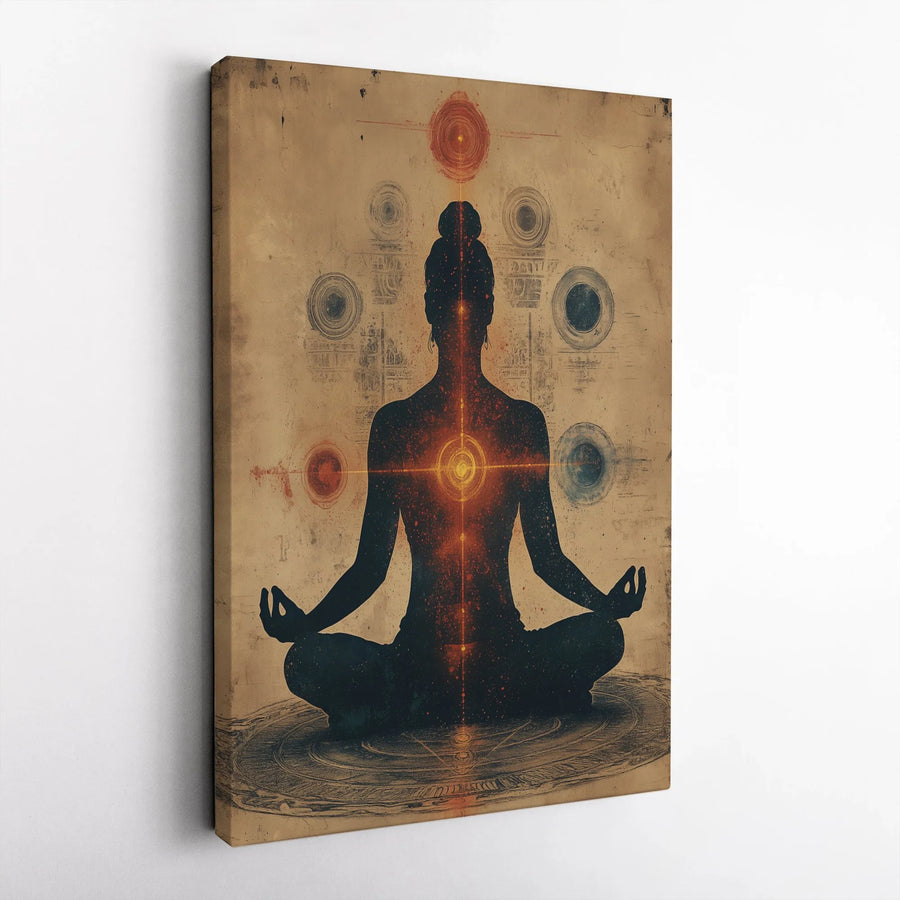 Meditating Chakra Canvas Wall Art | Zen Yoga Silhouette Design | Premium Gallery Wrap Decor | Spiritual Gift for Meditation Room or Studio