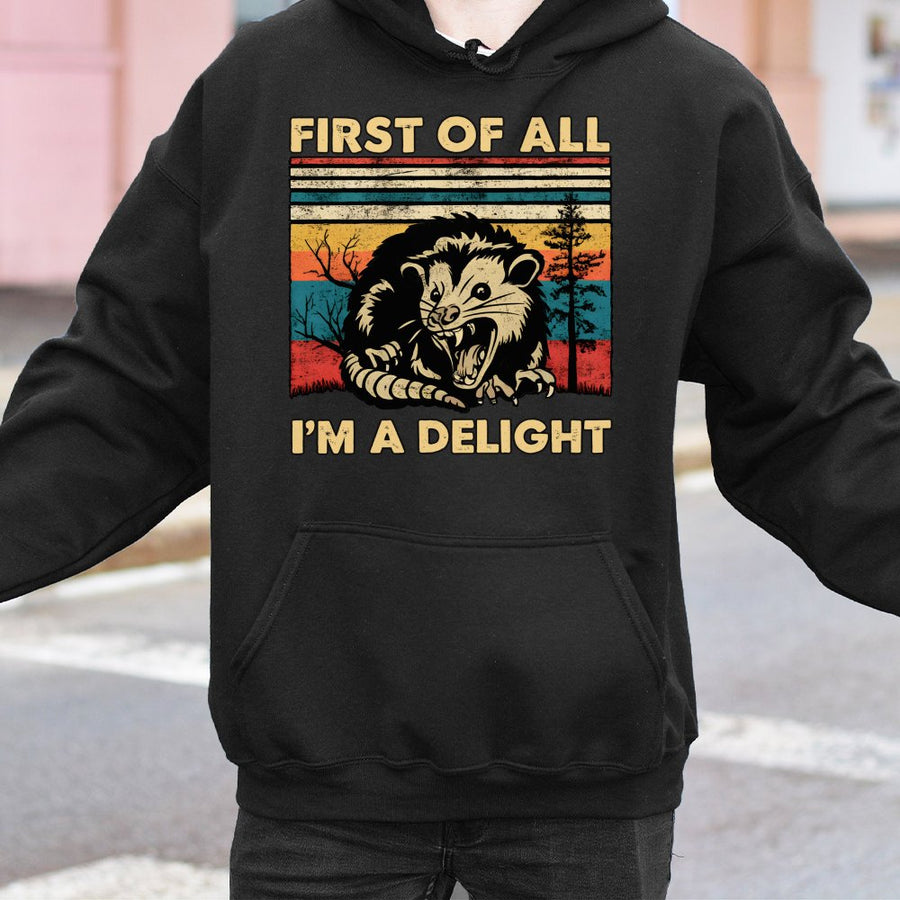 First Of All I'm A Delight Hoodie | Vintage Retro Opossum Graphic Sweatshirt | Premium Cotton-Blend Pullover | Funny Possum Lover Gift For Her Him