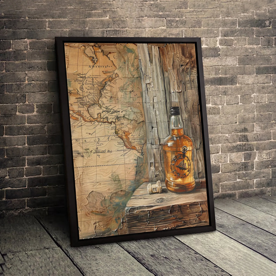 Vintage Nautical World Map Canvas | Whiskey Bottle Still Life Art | Premium Gallery-Wrapped Print | Man Cave & Home Office Bar Decor