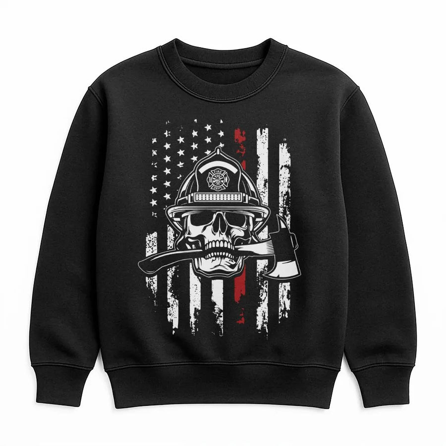 Firefighter Skull Sweatshirt | Thin Red Line Flag Axe Graphic | Premium Cotton Blend | Gift for Fireman Fire Dept Pride Hero Apparel