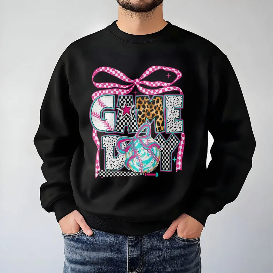 Game Day Baseball Sweatshirt | Trendy Coquette Graphic with Leopard & Checkered Print | Soft Cotton Blend | Gift for Baseball Mom & Sports Fans