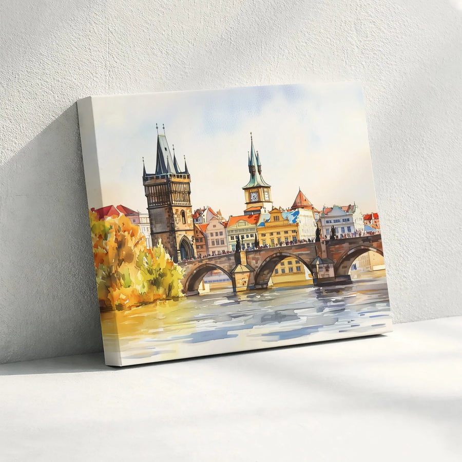 Prague Watercolor Canvas Print | Charles Bridge Cityscape Painting | Premium Gallery Wrap Wall Art | Living Room Decor Gift for Traveler