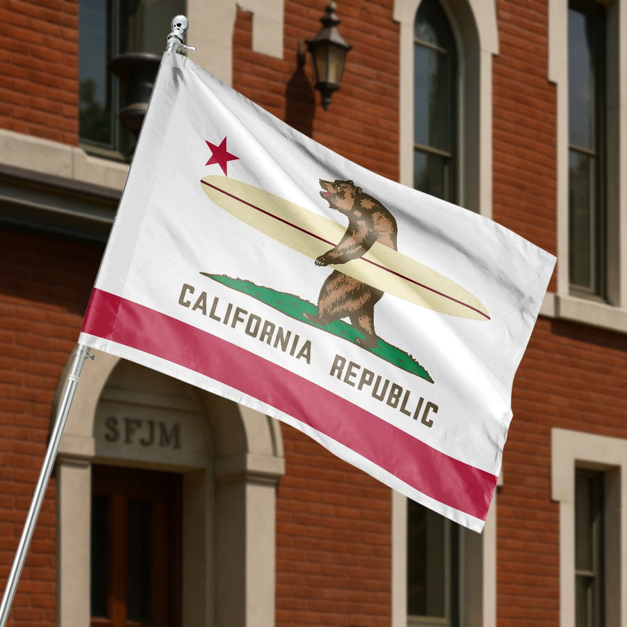 California Republic Surfboard Flag | Surfer Bear State Pride Banner | UV-Resistant Premium Polyester | Outdoor Coastal Home Decor Gift