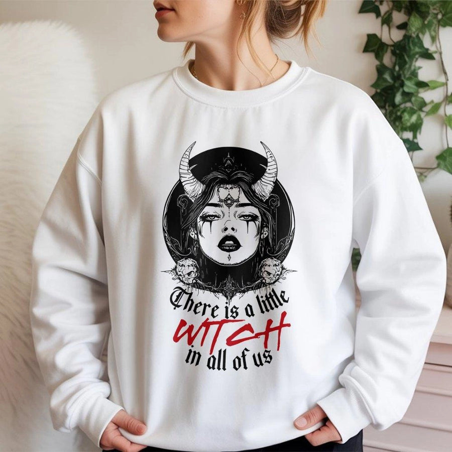 Little Witch In All Of Us Sweatshirt | Gothic Occult Graphic Apparel | Premium Cotton Blend Unisex Crewneck | Spooky Aesthetic Witchy Gift For Her