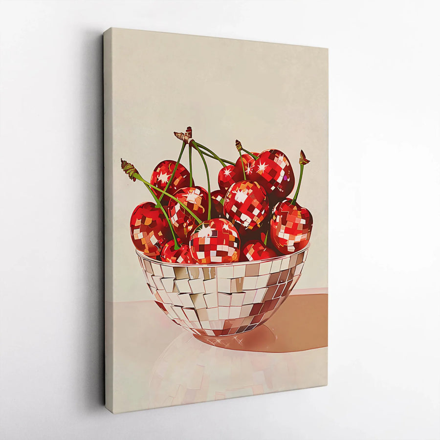 Disco Ball Cherry Vertical Canvas | Pop Art Still Life Print | Premium High-Resolution Print | Modern Kitchen Decor Gift