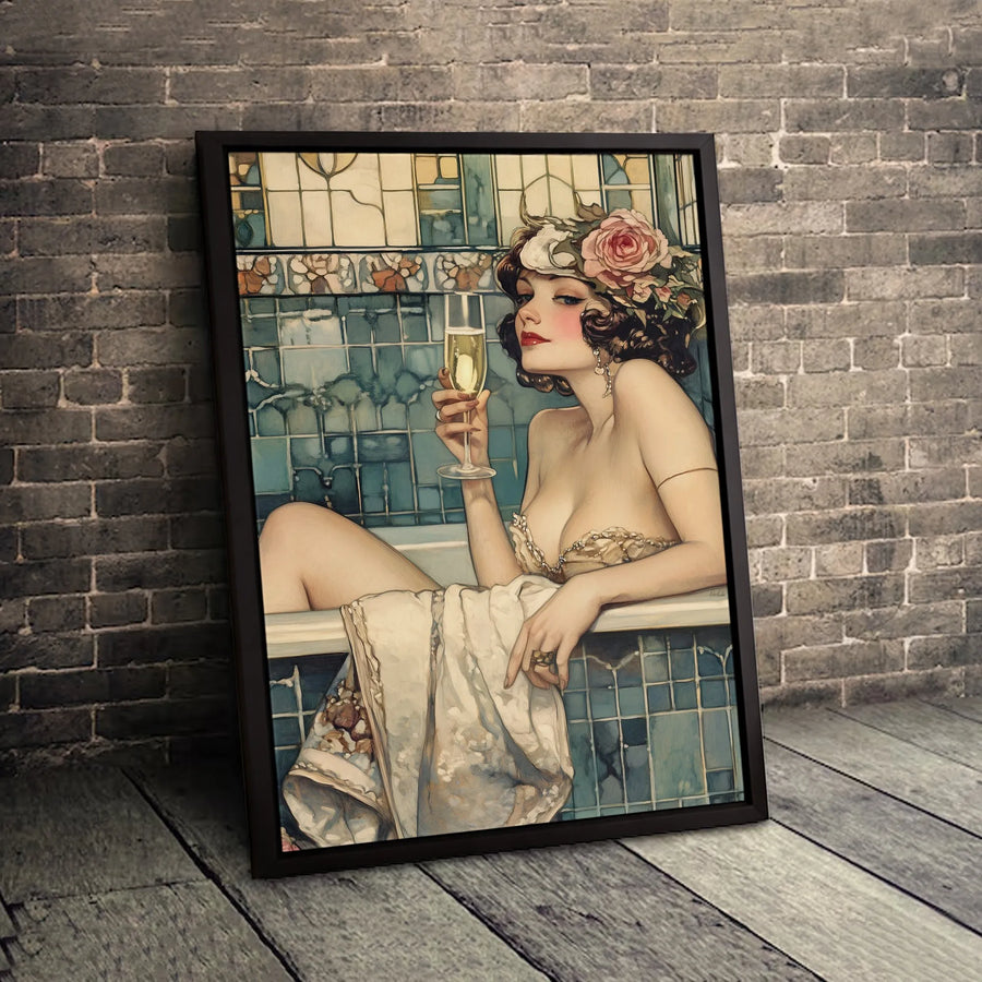 Vintage Art Deco Bathing Beauty Canvas | Champagne Diva Wall Art | Gallery Quality 1.25-Inch Profile | Glamorous Retro Home Decor Gift