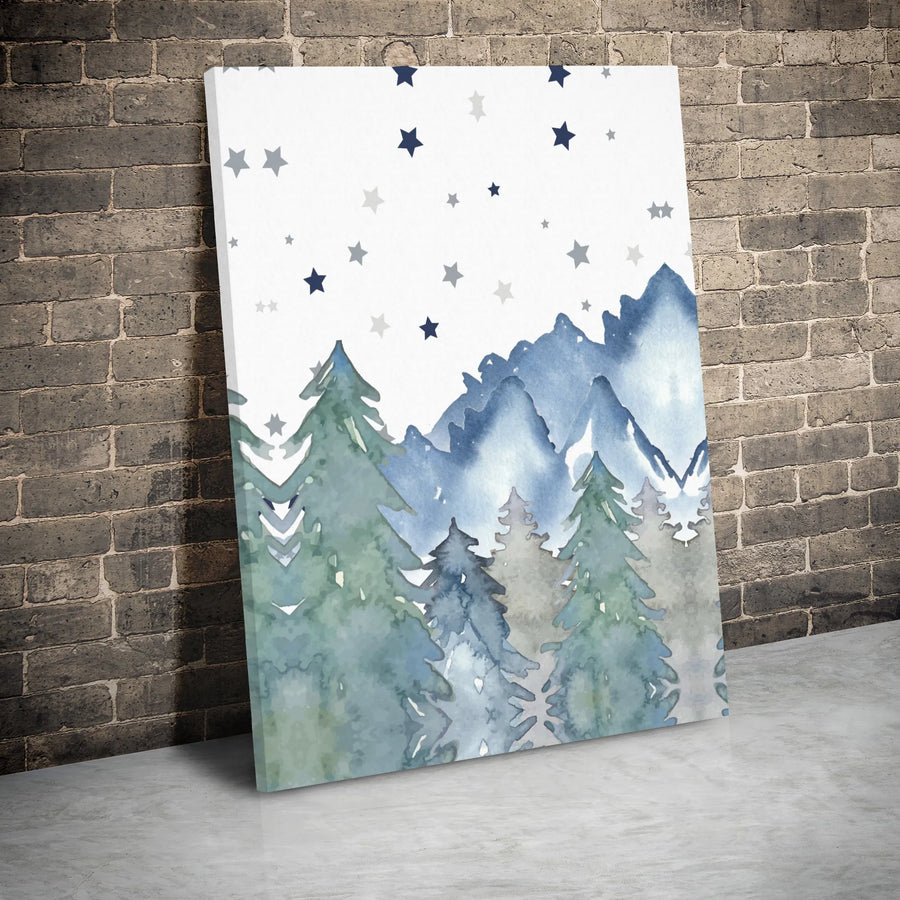 Watercolor Mountain Forest Canvas Wall Art | Snowy Peaks and Pine Tree Landscape | Premium Gallery Wrap Stretched Canvas | Rustic Nursery or Office Decor Gift