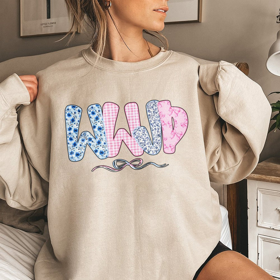 WWJD Sweatshirt | Floral Checkered Coquette Bow Design | Premium Cotton Blend | Faith-Based Aesthetic Christian Gift for Women