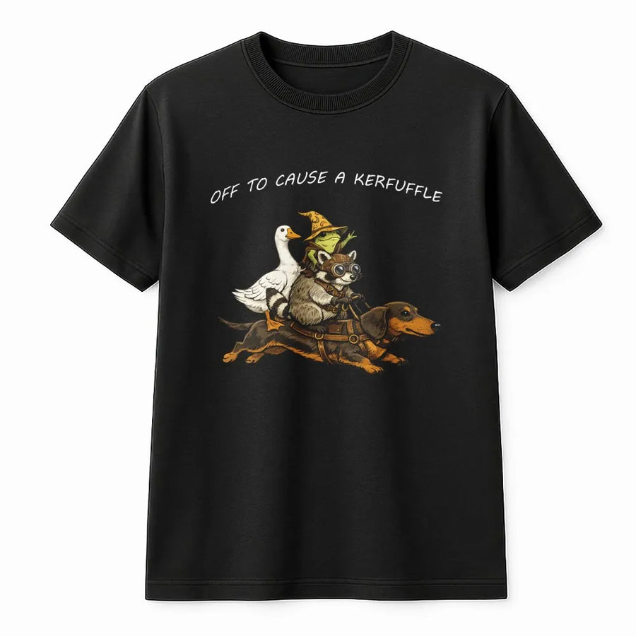 Off To Cause A Kerfuffle T-Shirt | Funny Raccoon Riding Dachshund Graphic Tee | Premium Soft Cotton | Sarcastic Humor Gift for Animal Lovers