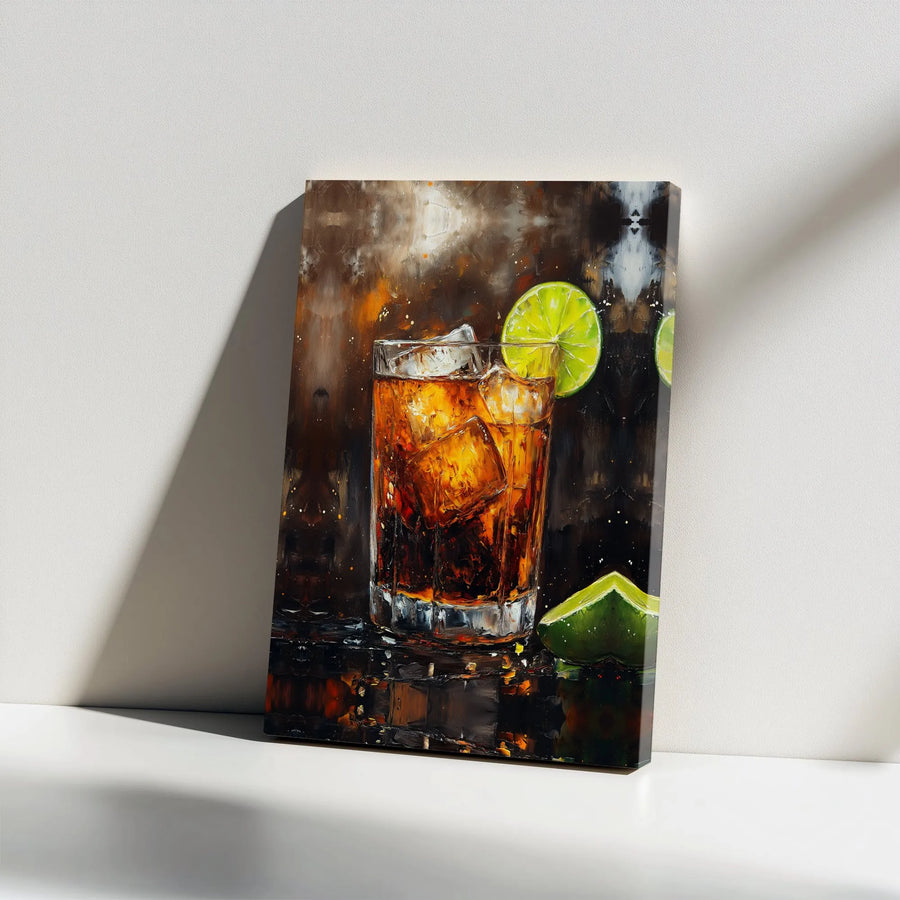 Cocktail Canvas Wall Art | Abstract Rum and Coke Painting with Lime | Premium Gallery Wrapped Canvas | Bar Decor Gift for Men