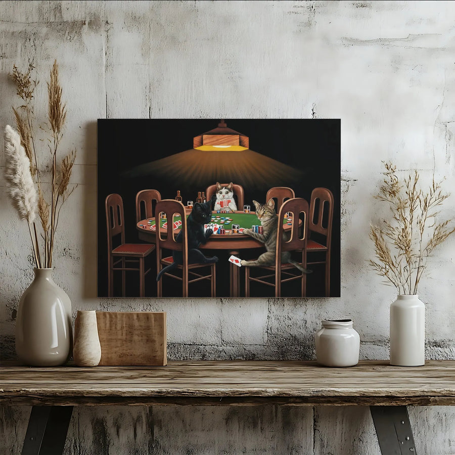Cats Playing Poker Canvas Wall Art | Funny Animal Casino Oil Painting Parody | Premium Gallery Wrapped Print | Unique Gift For Cat Lovers & Gamers