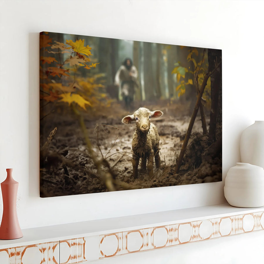 Jesus Good Shepherd Canvas Art | Lost Lamb In Forest Scene | Premium Gallery Wrap Wall Decor | Christian Faith Home Gift